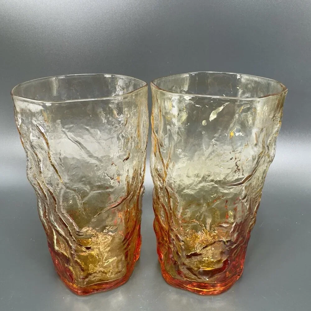 1970s Seneca Driftwood Amber Crinkle Glass Highball Tumblers Cups Set 4‎ Vintage